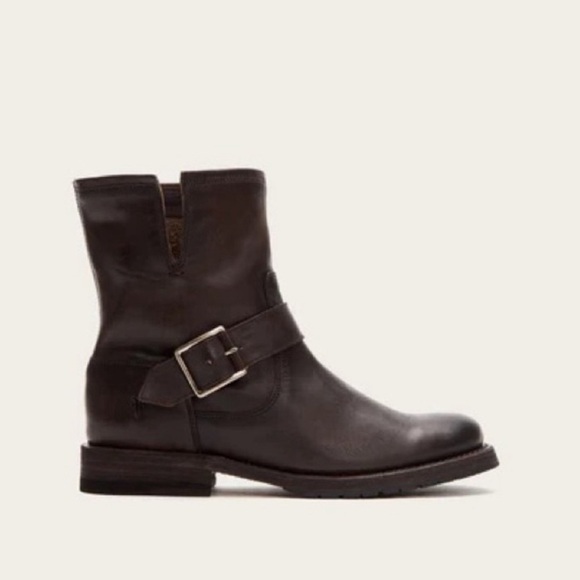 Frye Natalie Engineer Short Boots Brown Leather Buckle Western Size 6 Boho Chic - Picture 2 of 13